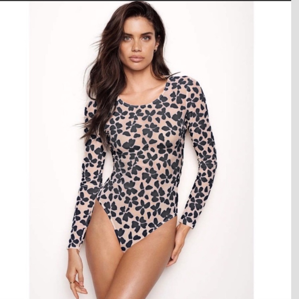 Victorias Secret BLK Thong Back Sheer Bodysuit High Neck Floral Velour - Size S